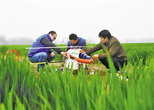 在河南省信陽市平橋區(qū)龍井鄉(xiāng)，工作人員準(zhǔn)備用植保無人機(jī)為小麥噴灑農(nóng)藥，防治病蟲害。.jpg